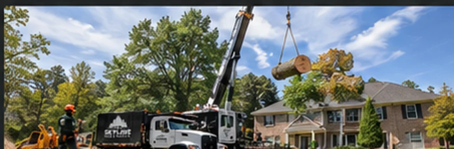 Skyline-style tree service equipment working near a home